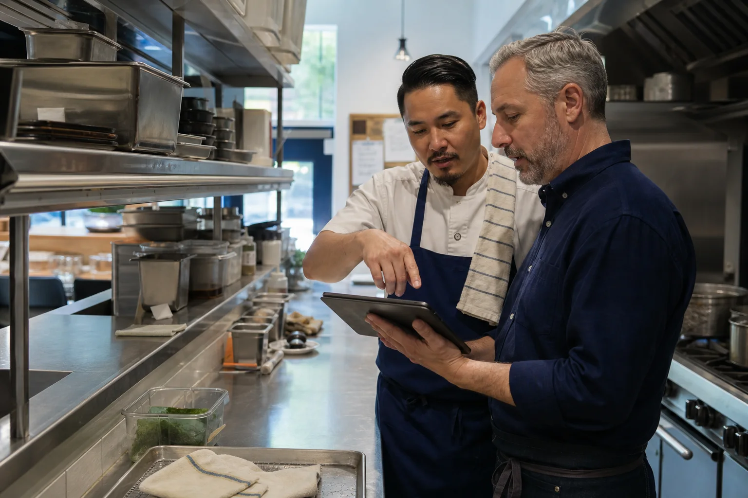Restaurant manager and chef reviewing an operations dashboard before service